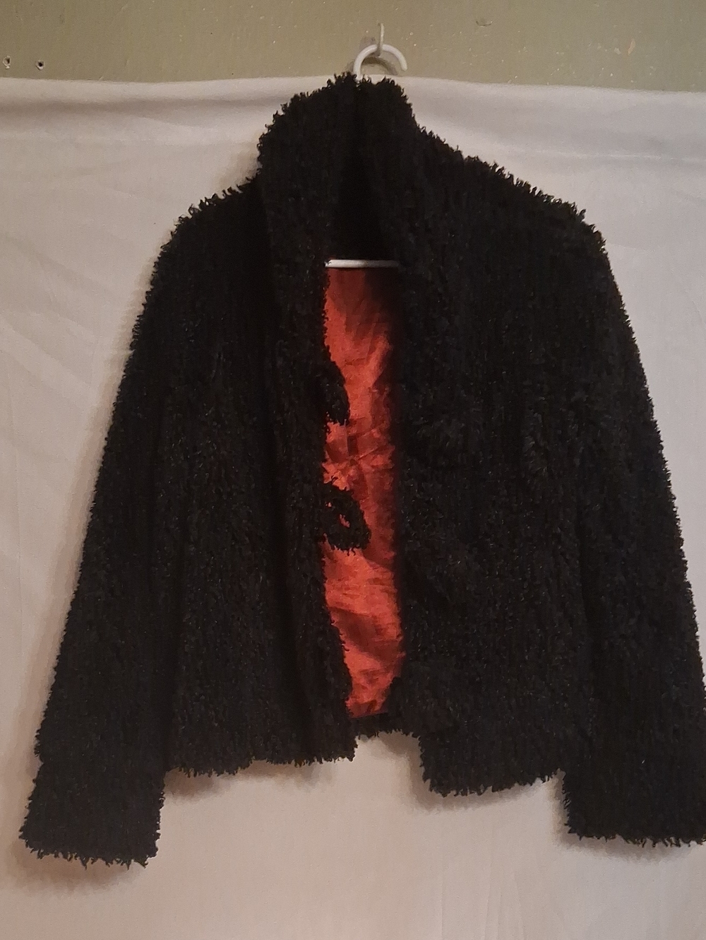Montanaco Black Faux Fur Jacket with Red Satin Lining Size Small